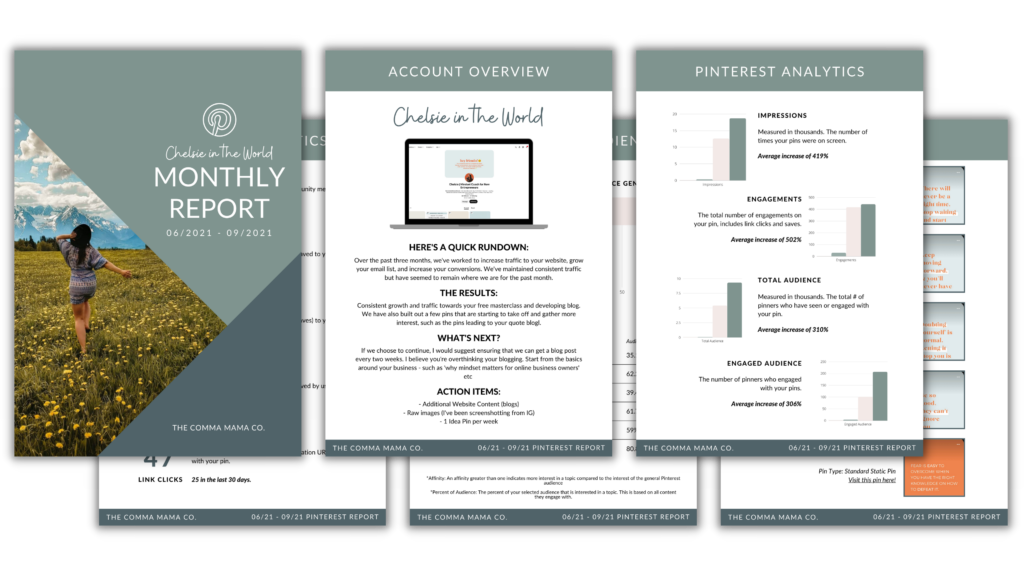 Monthly Pinterest Report for Mindset Coach Client from The Comma Mama Co. Pinterest Manager and Social Media Strategist 