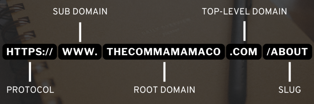 Infographic showing the main parts and structure of a URL including the protocol, sub domain, root domain, top-level domain, and slug | The Comma Mama Co.