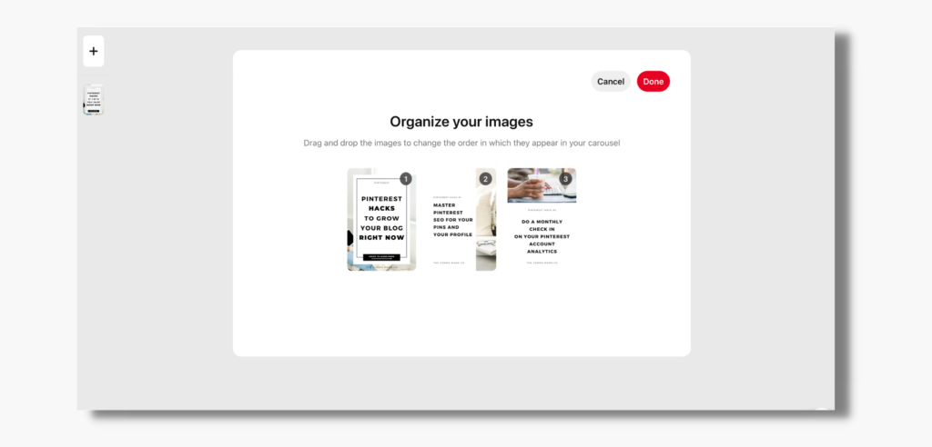 How to organize your images and cards when creating a carousel pin on Pinterest.