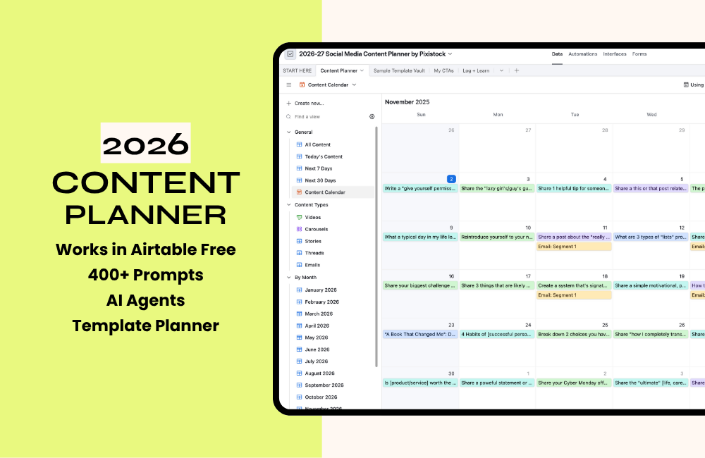 2026 Pixistock content calendar for members of the pixistock community including 400+ prompts, ai agents, and planner draft.