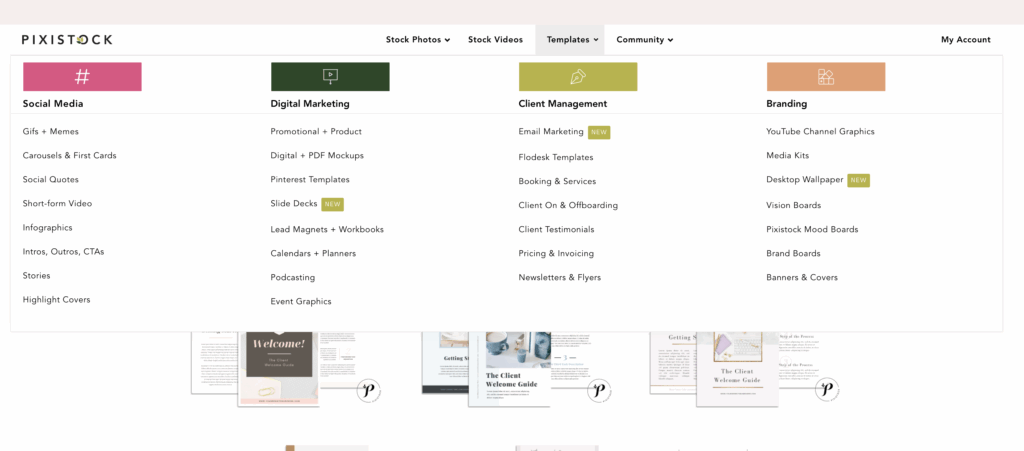Canva template collections and subsections within the Pixistock membership and what's included in each