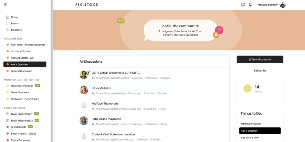 Inside look at the new Pixistock membership community allowing general discussion and asking questions with other members and the Pixistock team