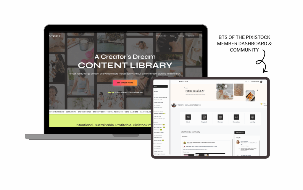 Pixistock membership displayed on a computer showing the features and insider view of what's included for members.