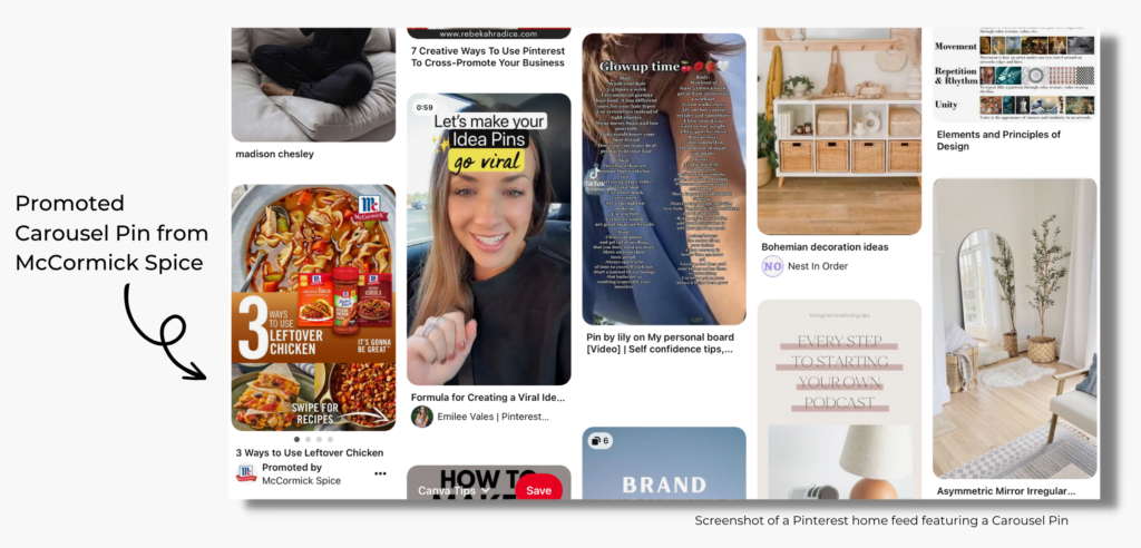 What a Pinterest Carousel Pin looks like in a Pinterest user's home feed on Desktop.