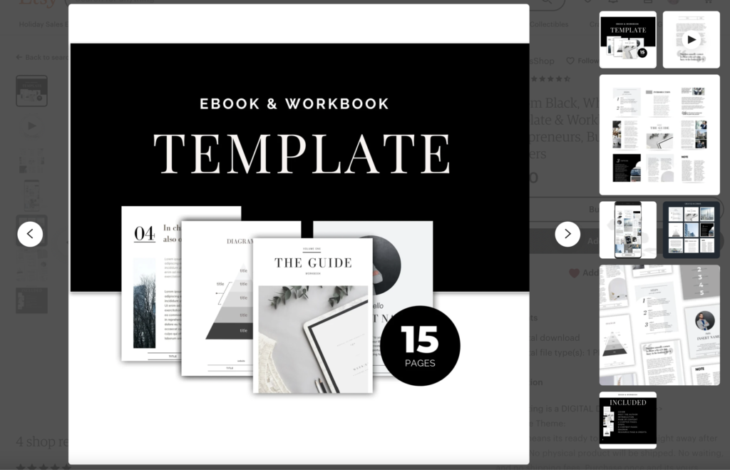 Black, white, and grey themed ebook and workbook Canva template for entrepreneurs by DuchessShop