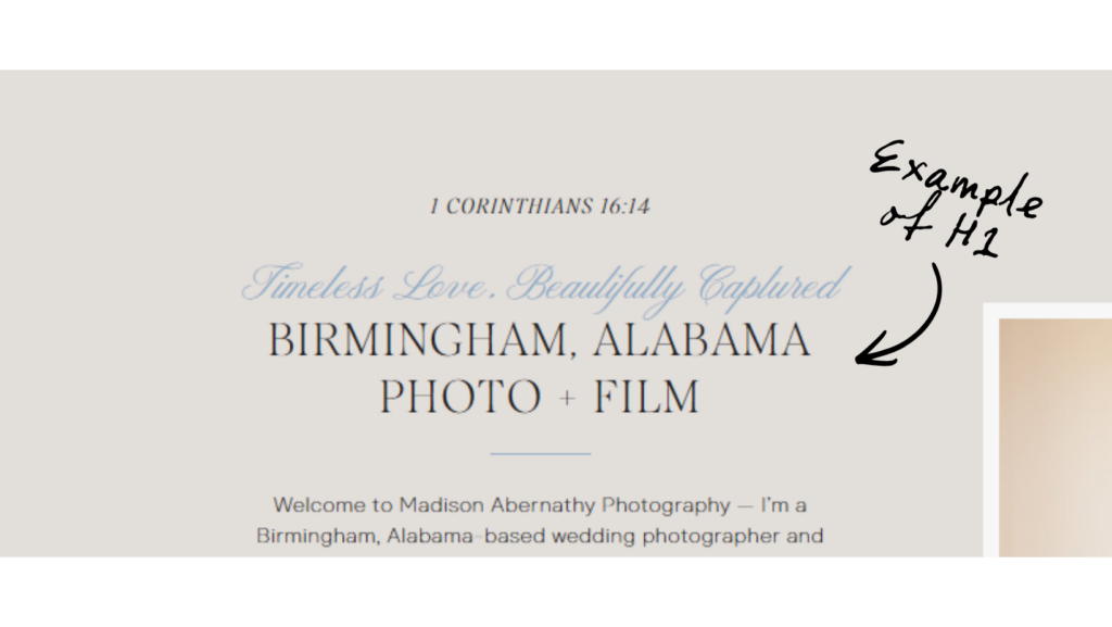 H1 example on alabama photographer's website