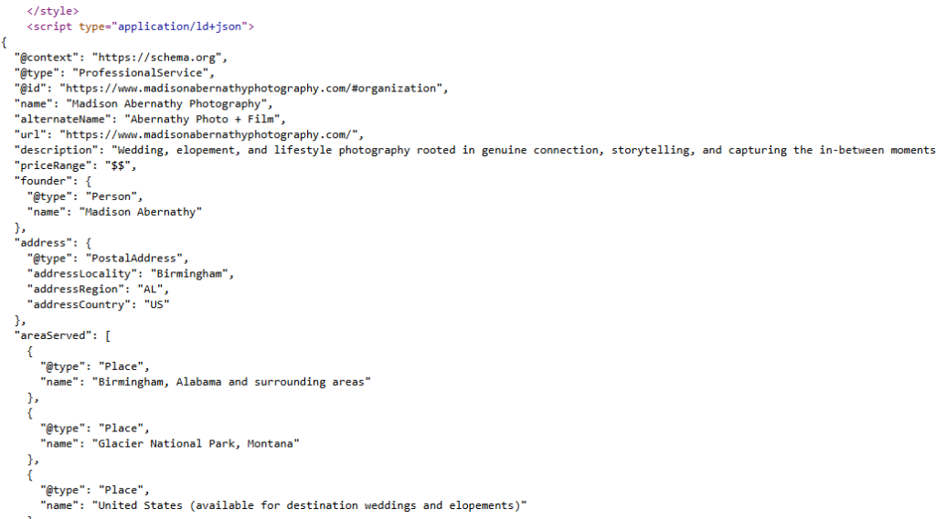schema screenshot from local photographer website