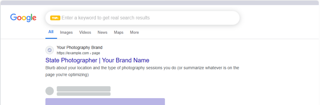 SERP results simulation of an example photographer to share with reader