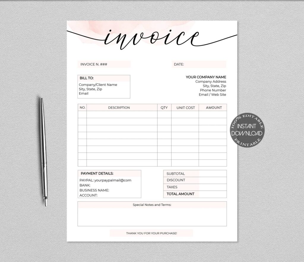 Light Pink and White Printable Invoice Template for Business | The Comma Mama Co.