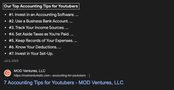 Example of a listicle, "7 Accounting Tips for YouTubers" for Mod Ventures LLC, client of The Comma Mama Co.