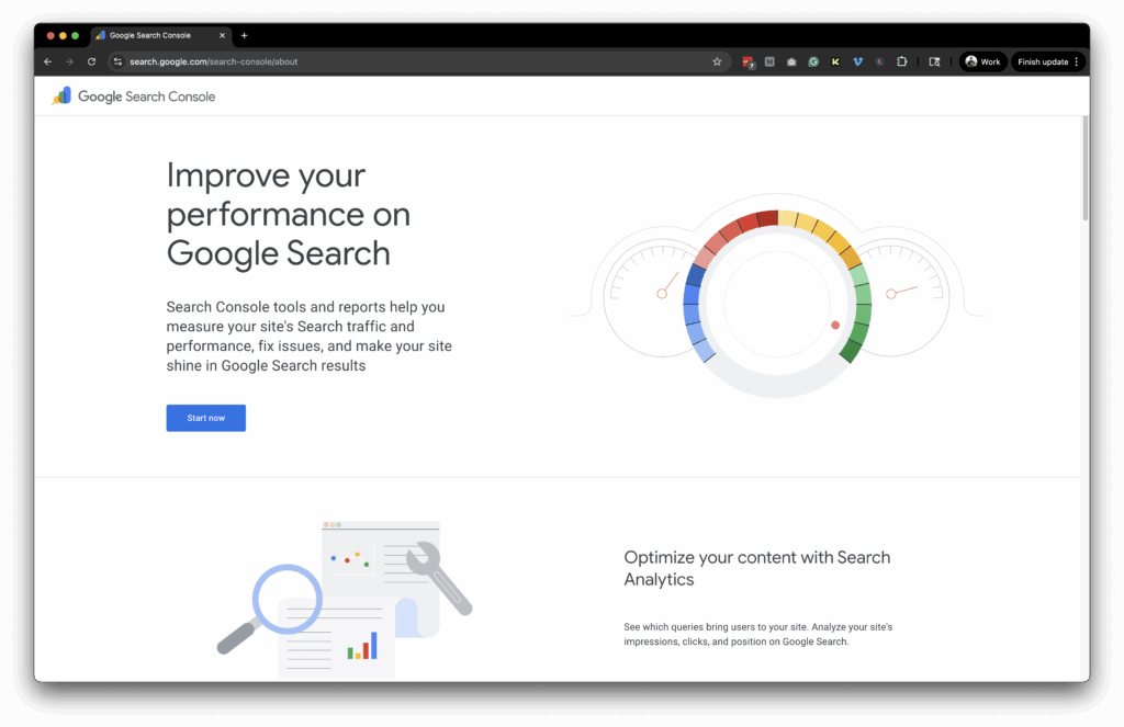 Google Search Console about page, sharing how to improve your performance in Google Search and set up your own account.
