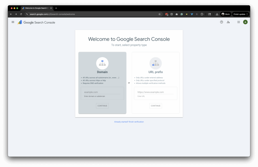 "Welcome to Google Search Console" page for setting up your account and submitting a domain property to track your SEO performance.