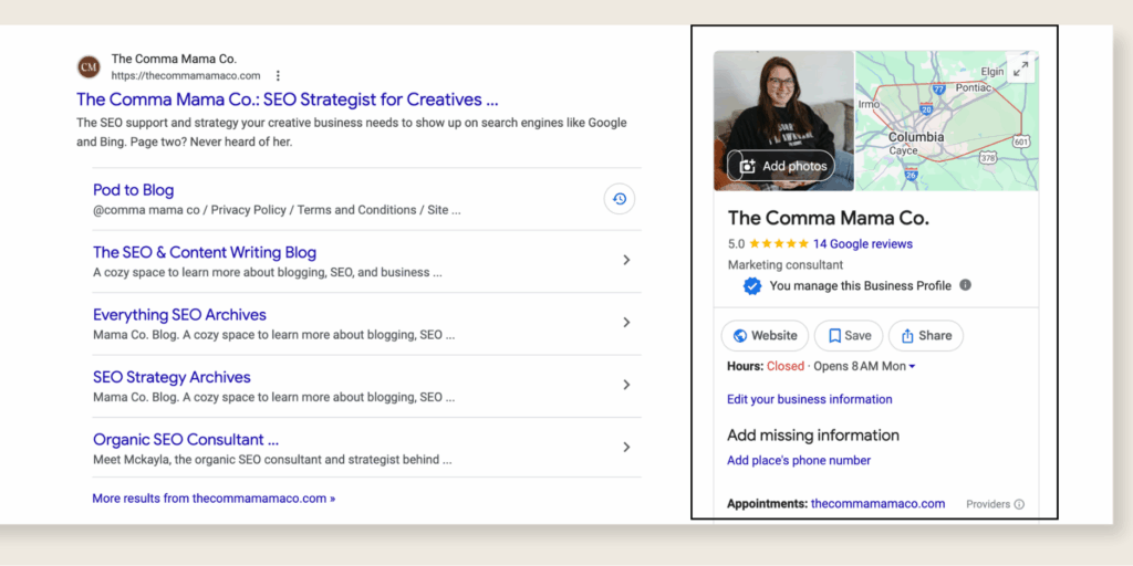 Example of a google business profile to show the importance of local search and local seo for midwives