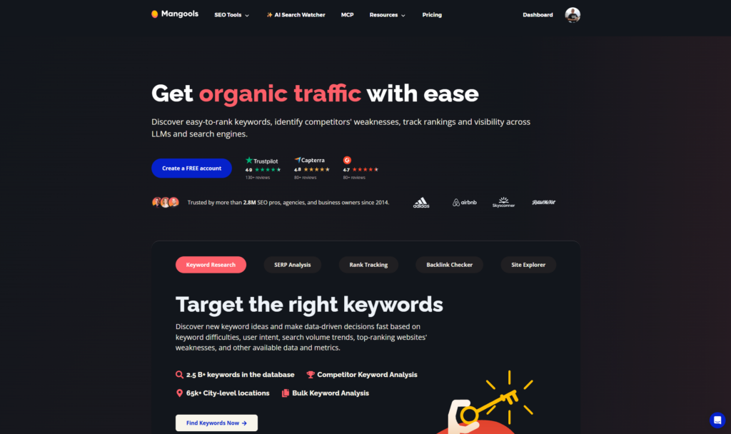 mainpage of Mangools SEO tool to sharing the main CTA and who the platform is for